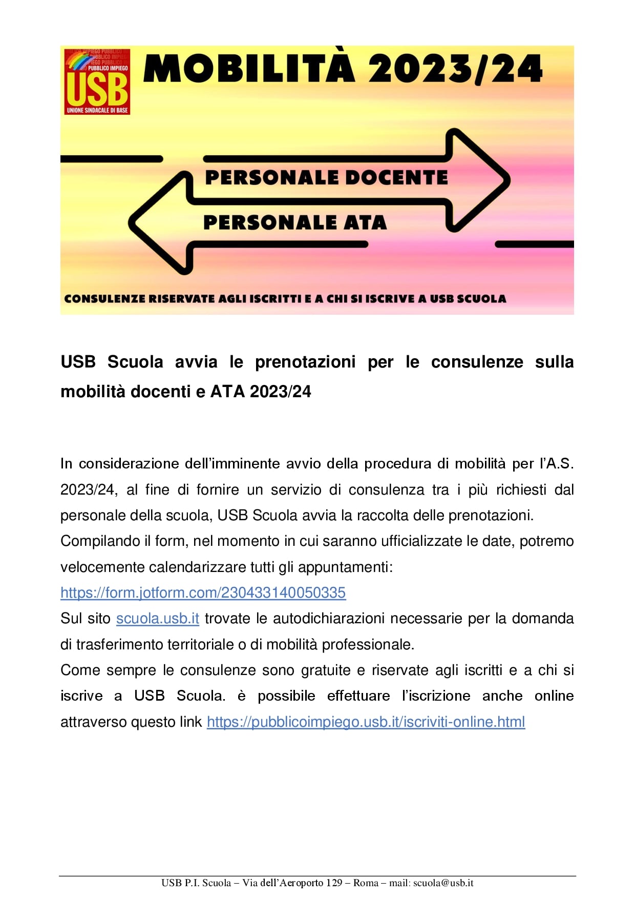 USB Consulenze mobilità docenti e ATA 2023-24