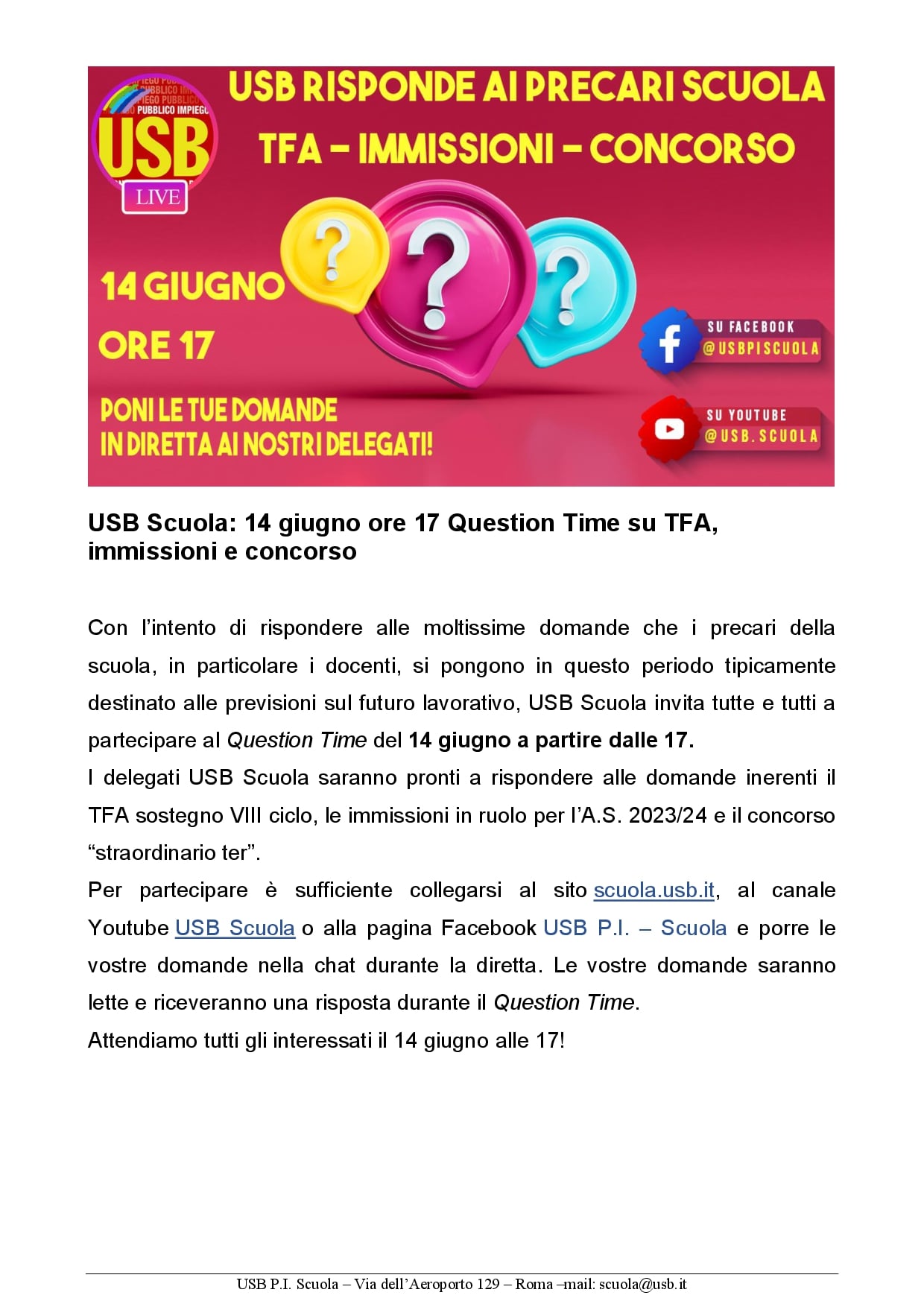 USB Scuola QuestionTime 14 giugno ore 17