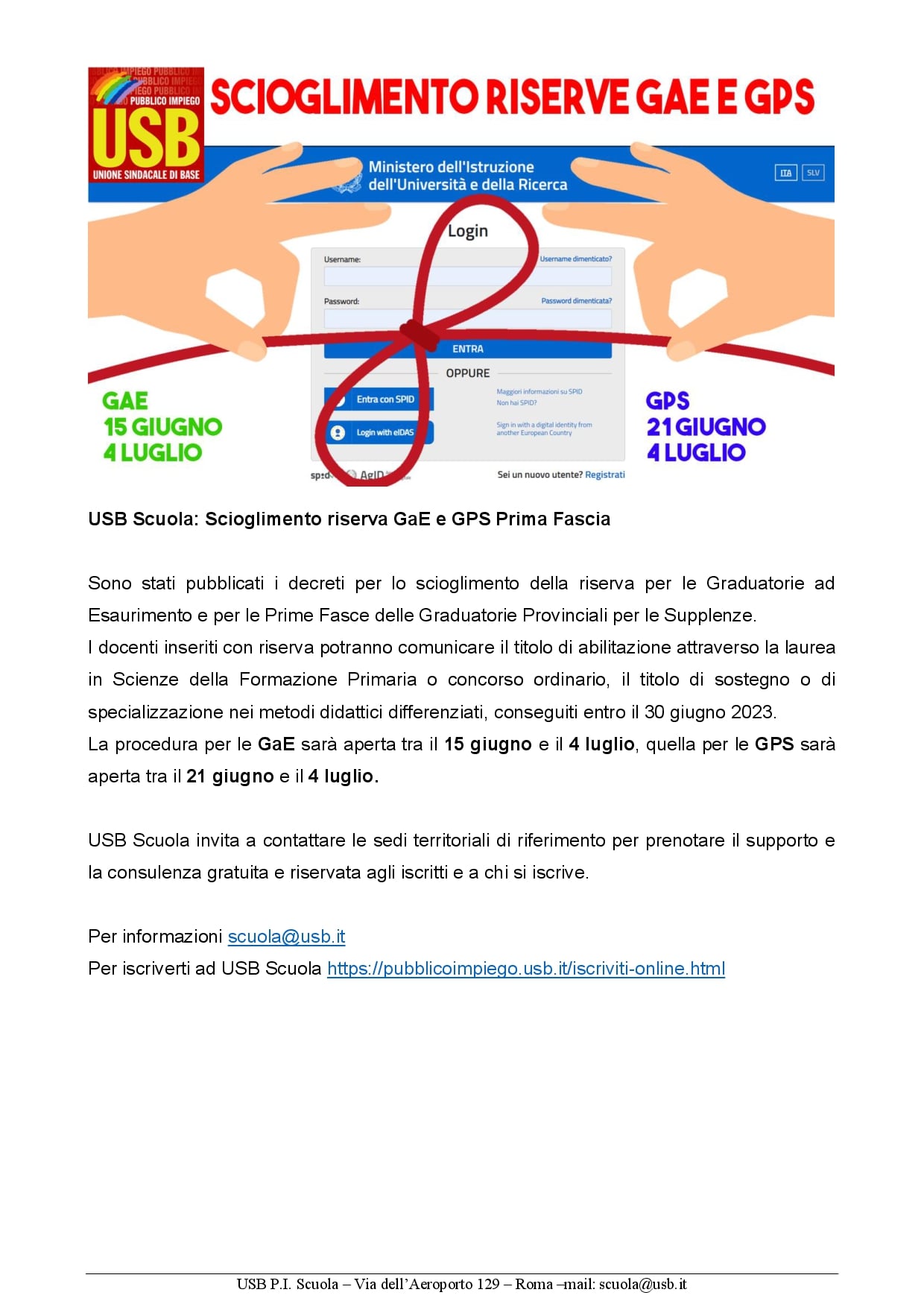 USB Scuola Scioglimento riserva GaE e GPS