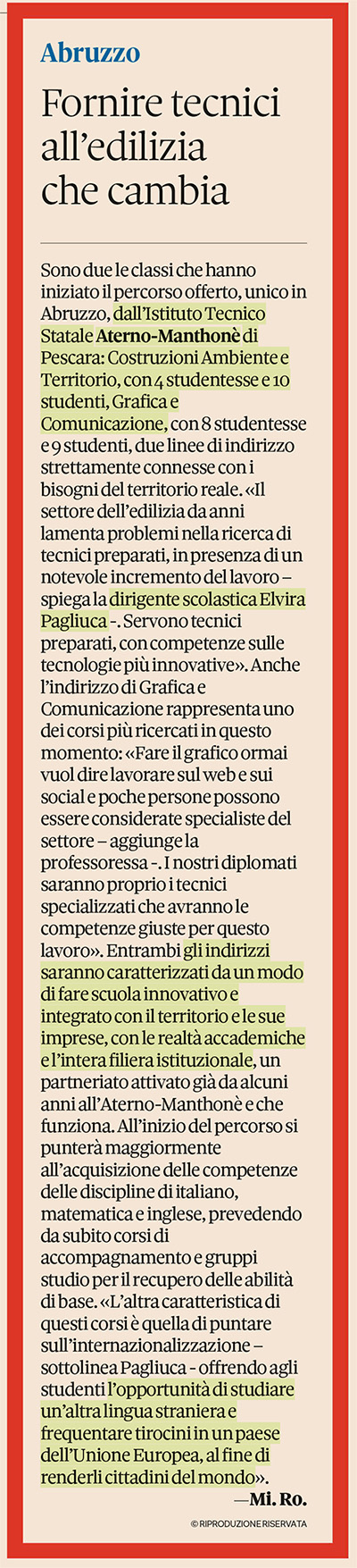 Articolo Il Sole 24 Ore. Decolla la nuova formazione tecnica