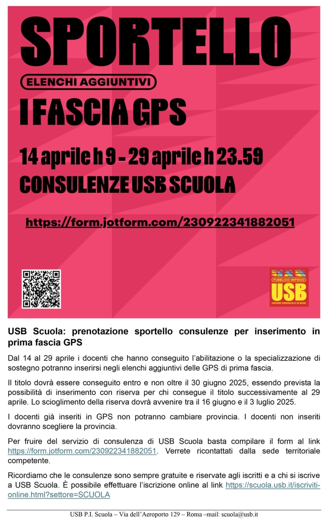 USB Scuola prenotazione sportello consulenze per inserimento in prima fascia GPS